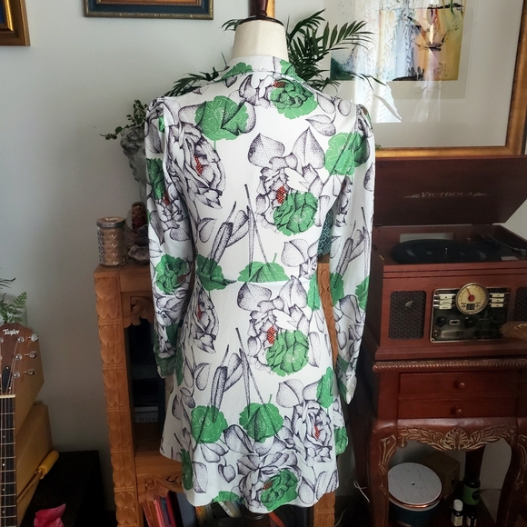 Vintage 70s Botanical Puff Sleeve Mini Shirt Dress - Picture 4 of 4